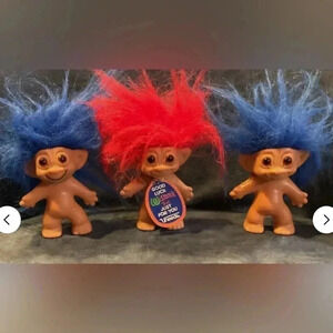 1991 - 3 GOOD LUCK WISHNIK UNEEDA Troll Dolls. 1 has original tag. 2 Blue. 1 Red